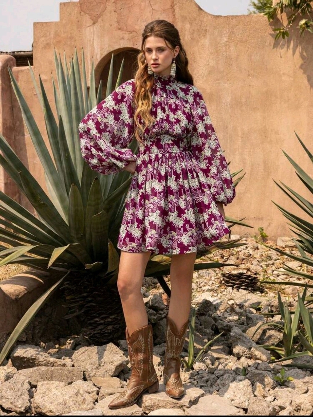 Floral Print Long-Sleeve Mini Dress in Purple